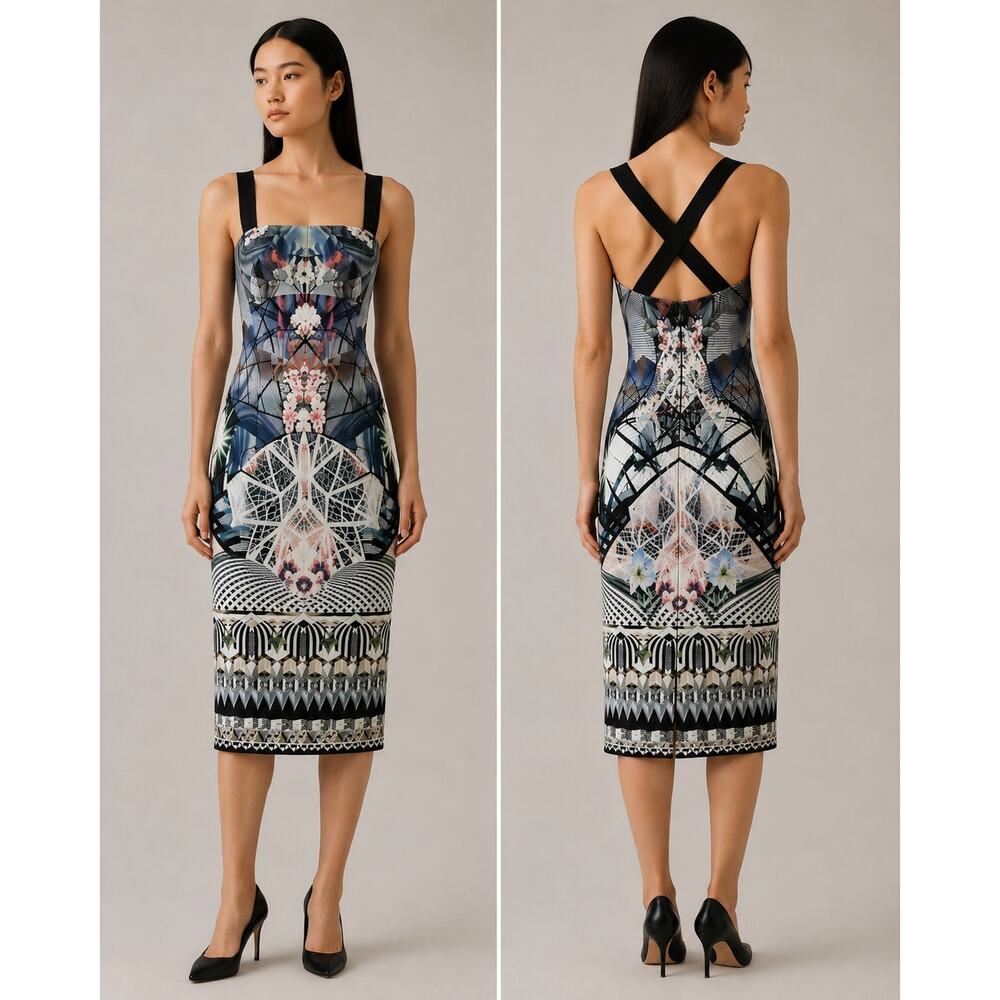 Black Halo Geometric Floral Crisscross Back Midi Dress Size 2